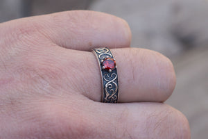 Ring with Norse Ornament and Red Cubic Zirconia Sterling Silver Handmade Jewelry - vikingworkshop