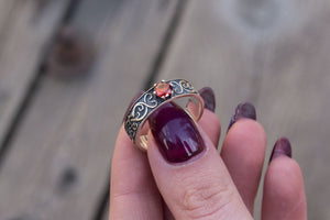 Ring with Norse Ornament and Red Cubic Zirconia Sterling Silver Handmade Jewelry - vikingworkshop