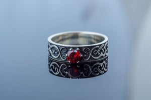 Ring with Norse Ornament and Red Cubic Zirconia Sterling Silver Handmade Jewelry - vikingworkshop