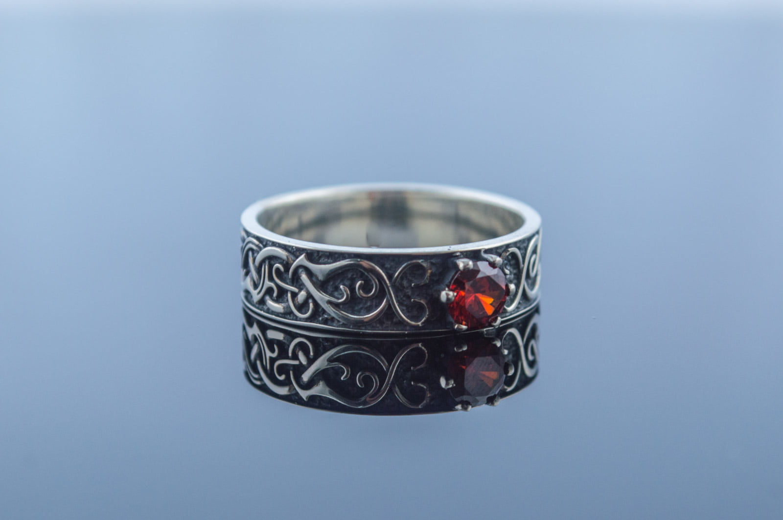 Ring with Norse Ornament and Red Cubic Zirconia Sterling Silver Handmade Jewelry - vikingworkshop