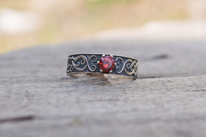 Ring with Norse Ornament and Red Cubic Zirconia Sterling Silver Handmade Jewelry - vikingworkshop