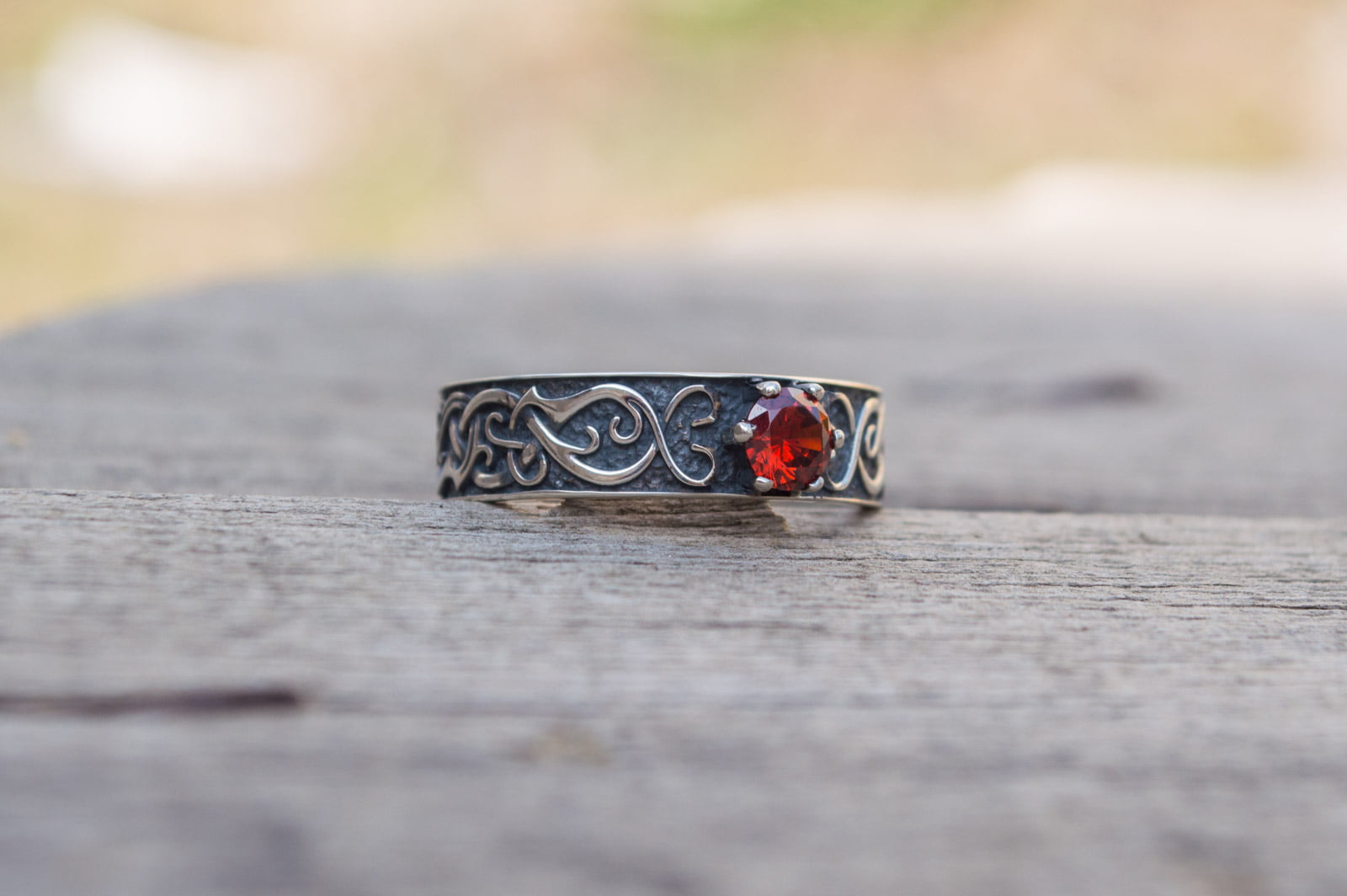 Ring with Norse Ornament and Red Cubic Zirconia Sterling Silver Handmade Jewelry - vikingworkshop