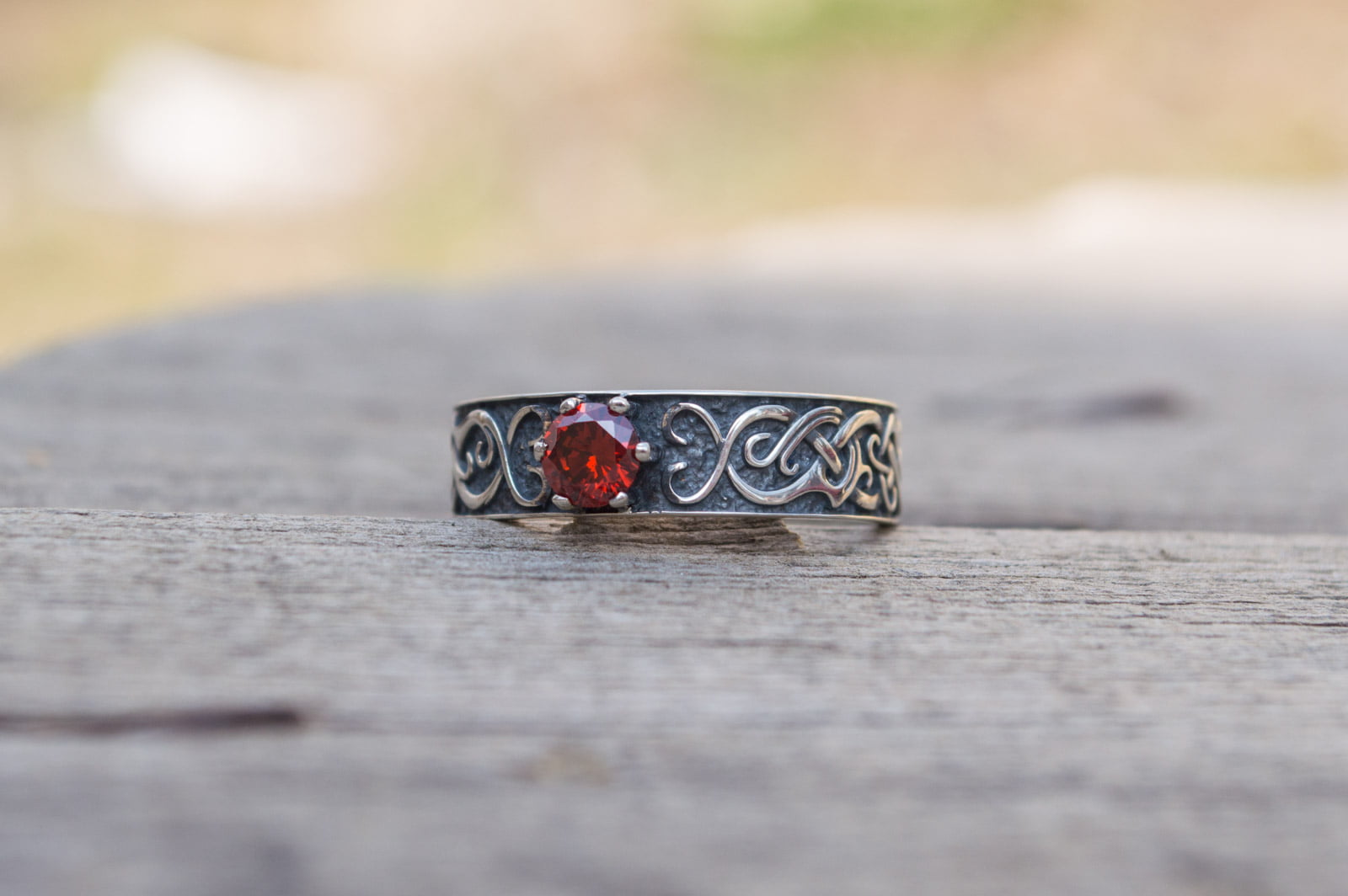 Ring with Norse Ornament and Red Cubic Zirconia Sterling Silver Handmade Jewelry - vikingworkshop