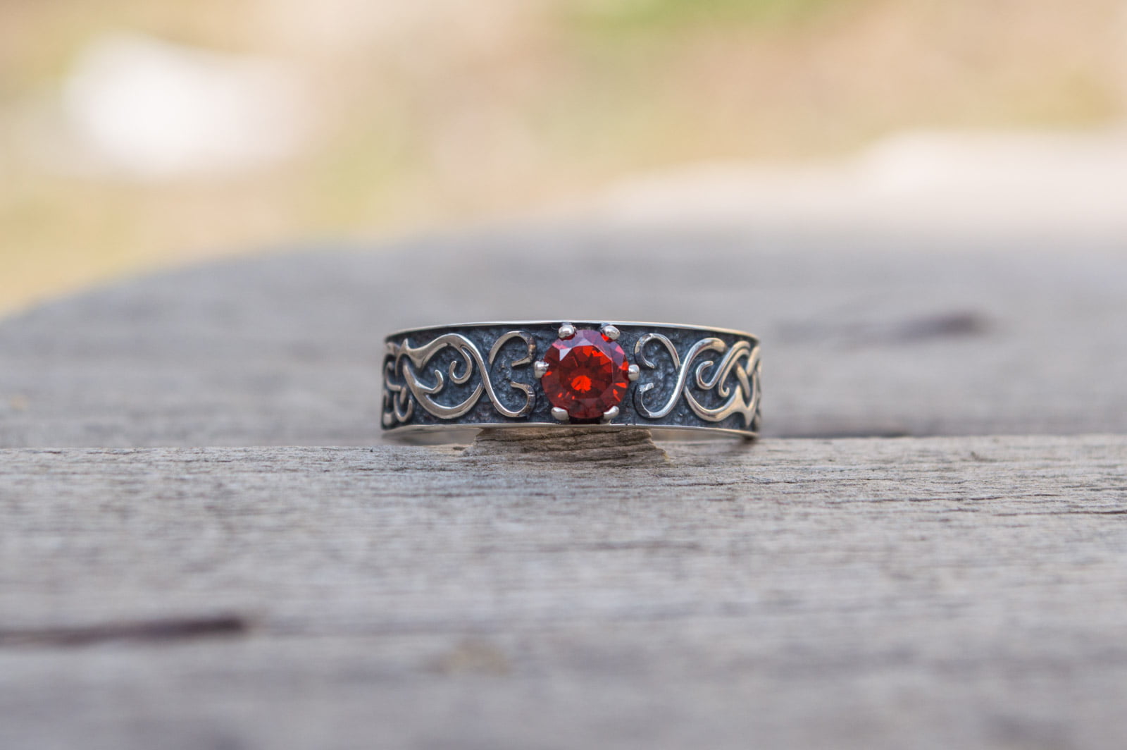 Ring with Norse Ornament and Red Cubic Zirconia Sterling Silver Handmade Jewelry - vikingworkshop