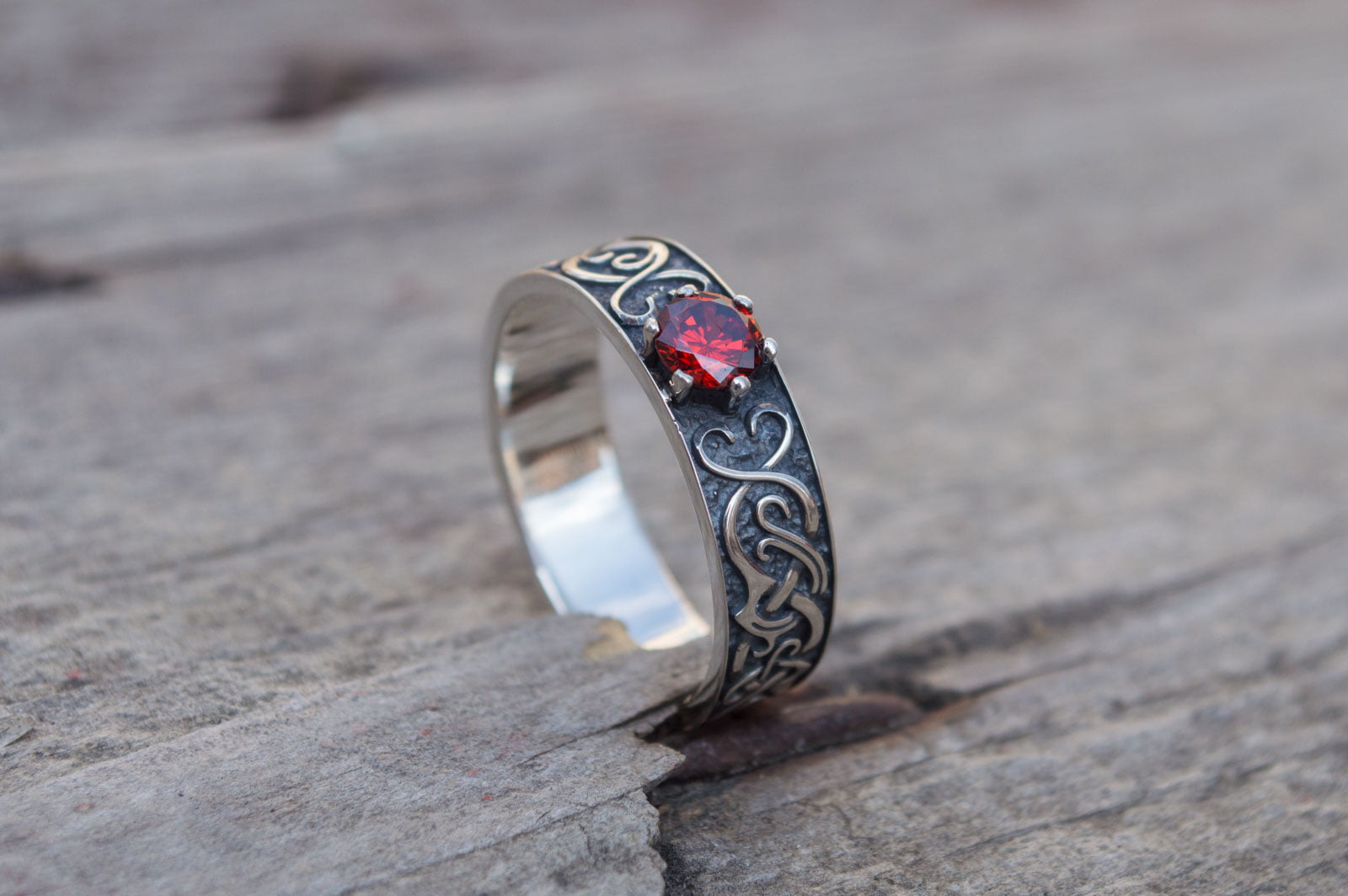 Ring with Norse Ornament and Red Cubic Zirconia Sterling Silver Handmade Jewelry - vikingworkshop