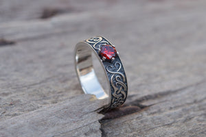 Ring with Norse Ornament and Red Cubic Zirconia Sterling Silver Handmade Jewelry - vikingworkshop