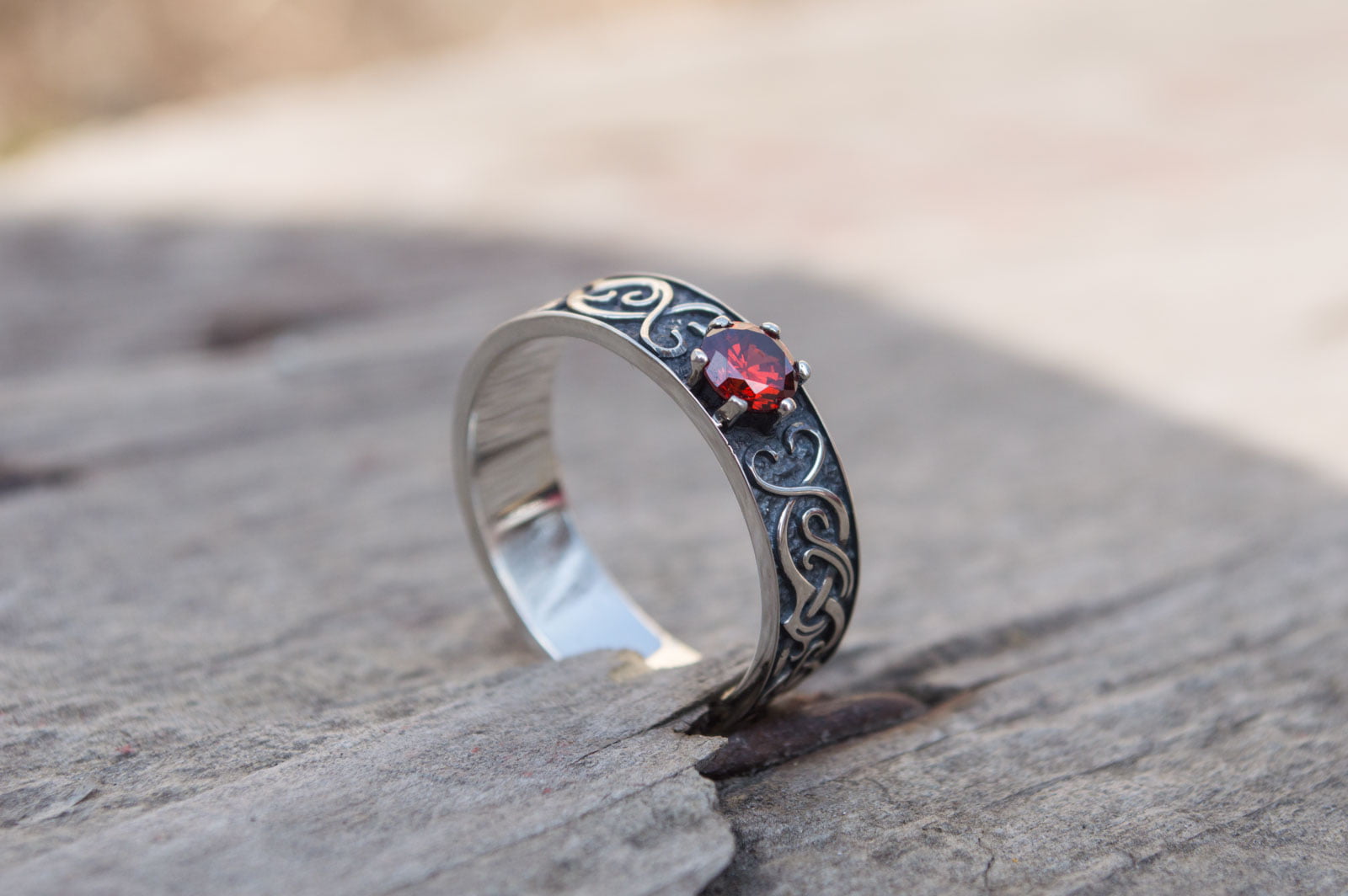 Ring with Norse Ornament and Red Cubic Zirconia Sterling Silver Handmade Jewelry - vikingworkshop