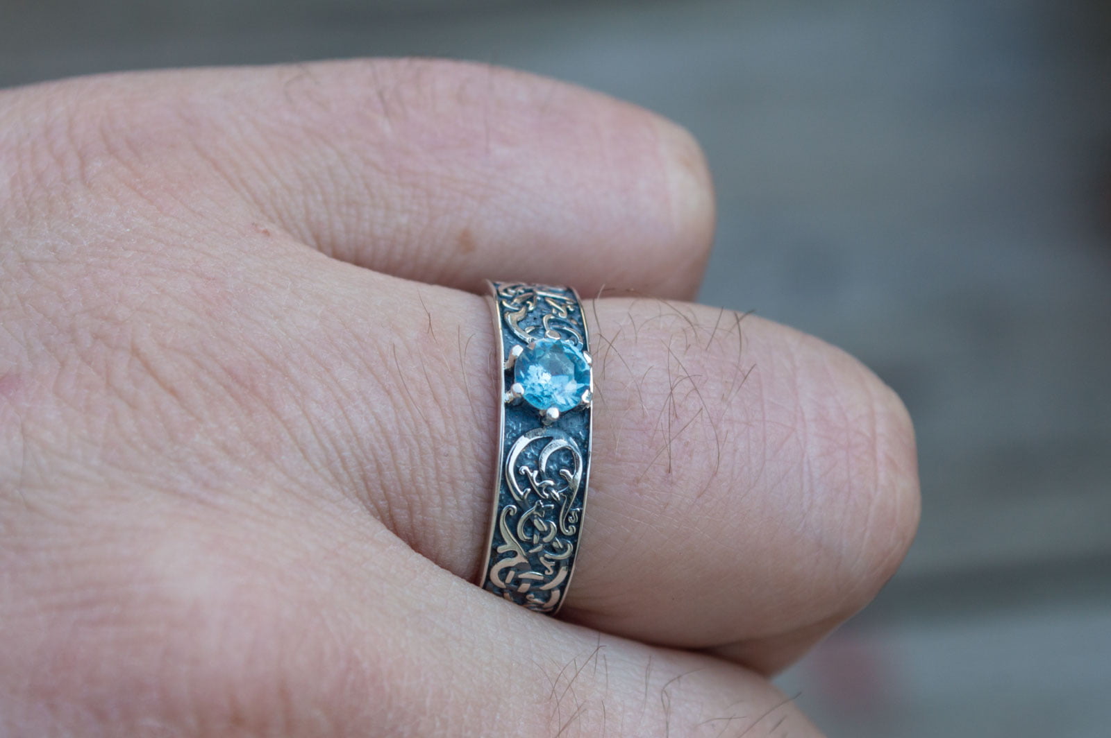 Norse Ornament Ring with Cubic Zirconia Sterling Silver Handmade Jewelry - vikingworkshop