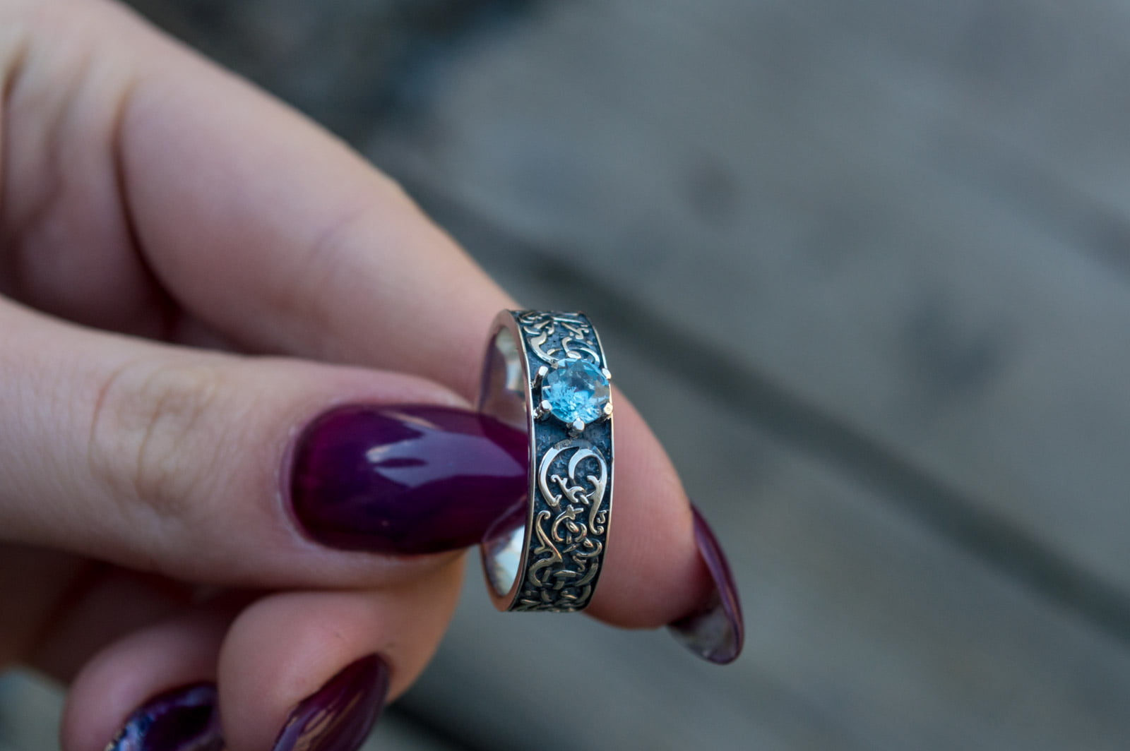 Norse Ornament Ring with Cubic Zirconia Sterling Silver Handmade Jewelry - vikingworkshop