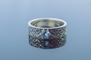 Norse Ornament Ring with Cubic Zirconia Sterling Silver Handmade Jewelry - vikingworkshop