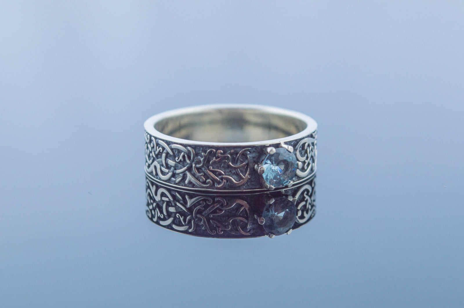 Norse Ornament Ring with Cubic Zirconia Sterling Silver Handmade Jewelry - vikingworkshop