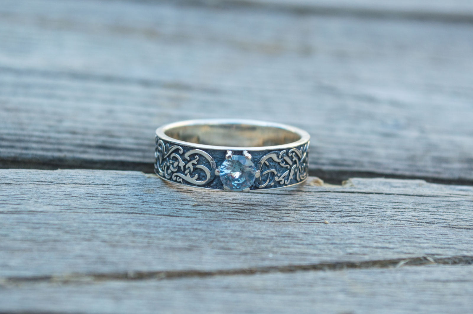 Norse Ornament Ring with Cubic Zirconia Sterling Silver Handmade Jewelry - vikingworkshop