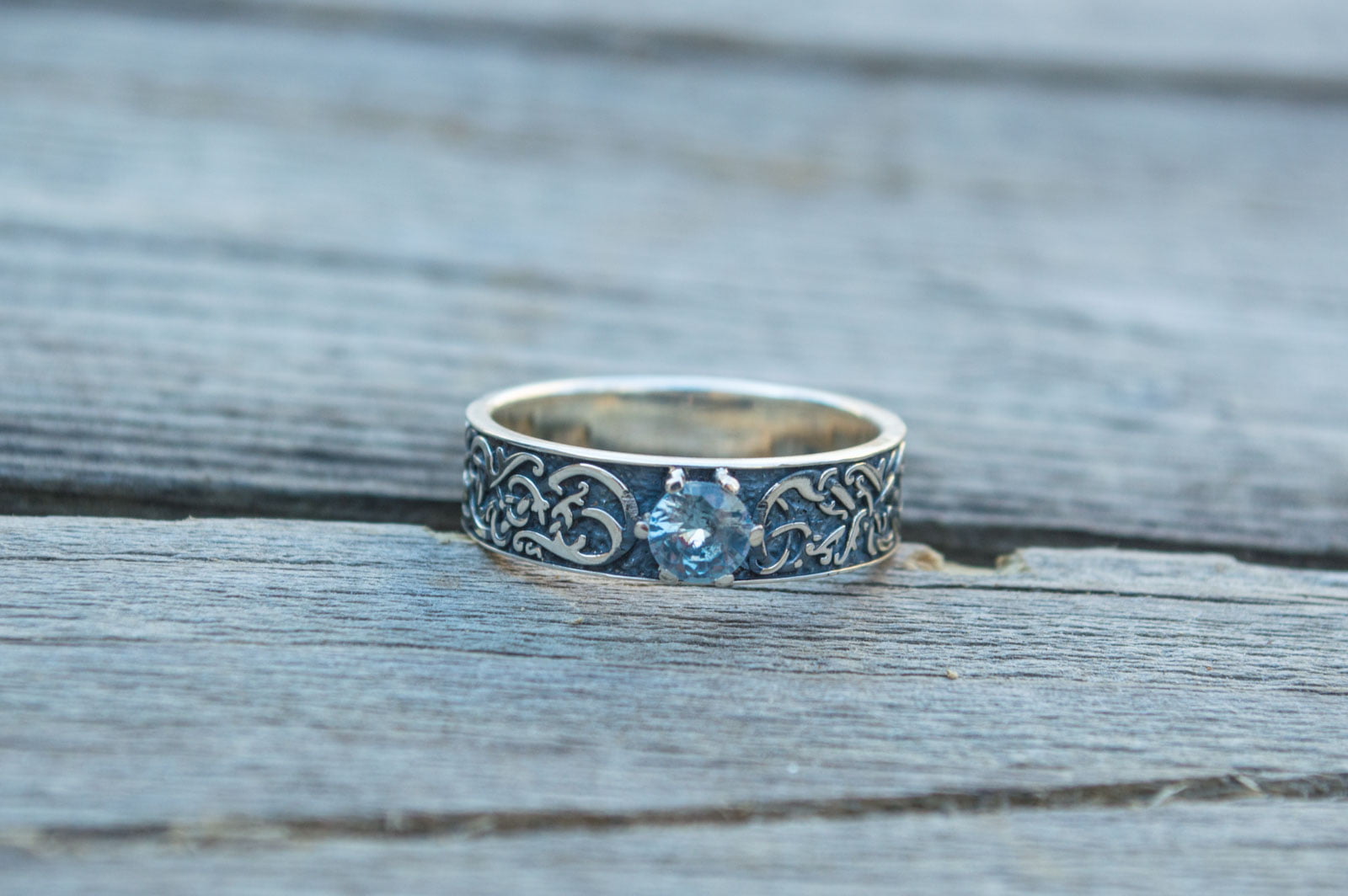 Norse Ornament Ring with Cubic Zirconia Sterling Silver Handmade Jewelry - vikingworkshop