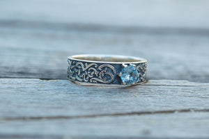 Norse Ornament Ring with Cubic Zirconia Sterling Silver Handmade Jewelry - vikingworkshop