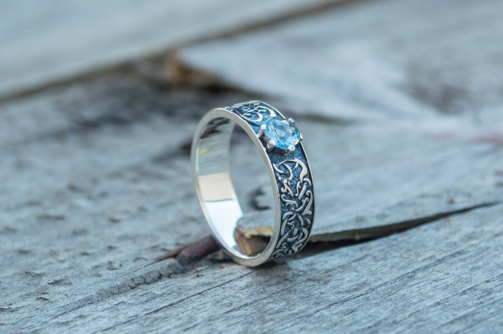 Norse Ornament Ring with Cubic Zirconia Sterling Silver Handmade Jewelry - vikingworkshop