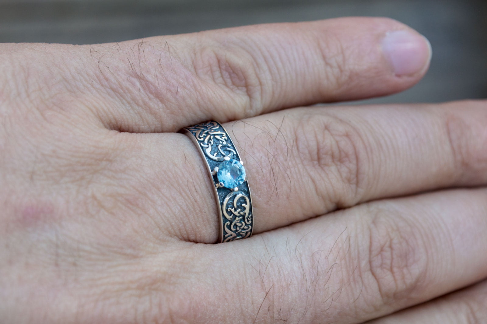 Norse Ornament Ring with Cubic Zirconia Sterling Silver Handmade Jewelry - vikingworkshop