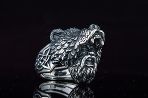 Berserker Ring with Bear Sterling Silver Handcrafted Jewelry - vikingworkshop