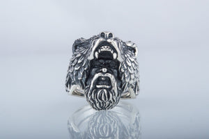 Berserker Ring with Bear Sterling Silver Handcrafted Jewelry - vikingworkshop