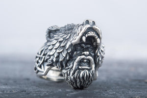 Berserker Ring with Bear Sterling Silver Handcrafted Jewelry - vikingworkshop