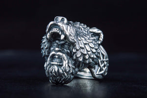 Berserker Ring with Bear Sterling Silver Handcrafted Jewelry - vikingworkshop