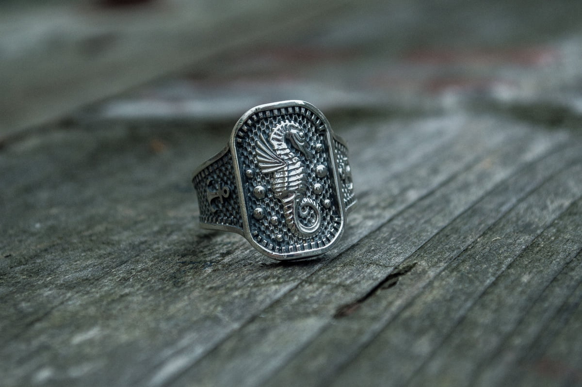 Ring with Seahorse Symbol and Anchor Sterling Silver Jewelry - vikingworkshop