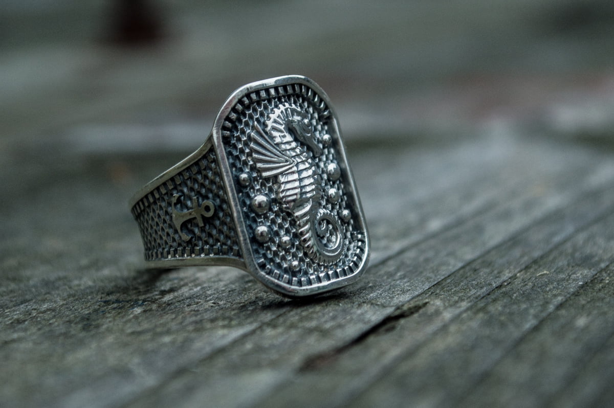 Ring with Seahorse Symbol and Anchor Sterling Silver Jewelry - vikingworkshop