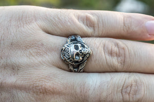 Skull with Ornament Ring Sterling Silver Handcrafted Jewelry - vikingworkshop