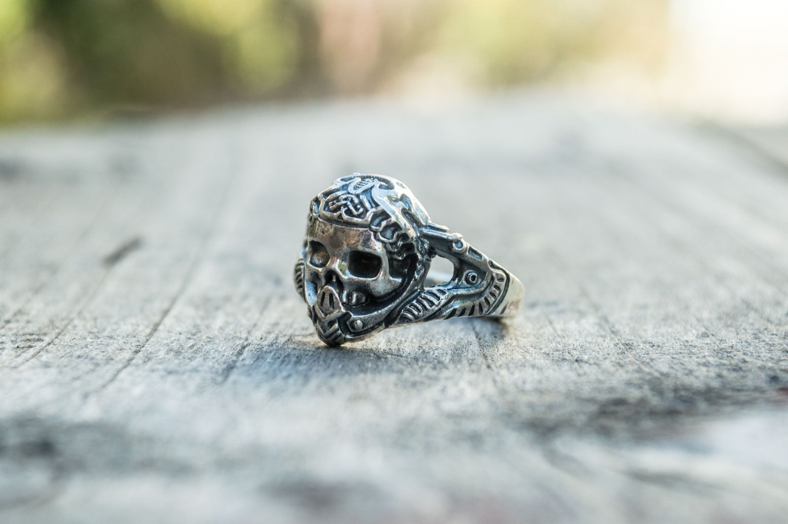 Skull with Ornament Ring Sterling Silver Handcrafted Jewelry - vikingworkshop