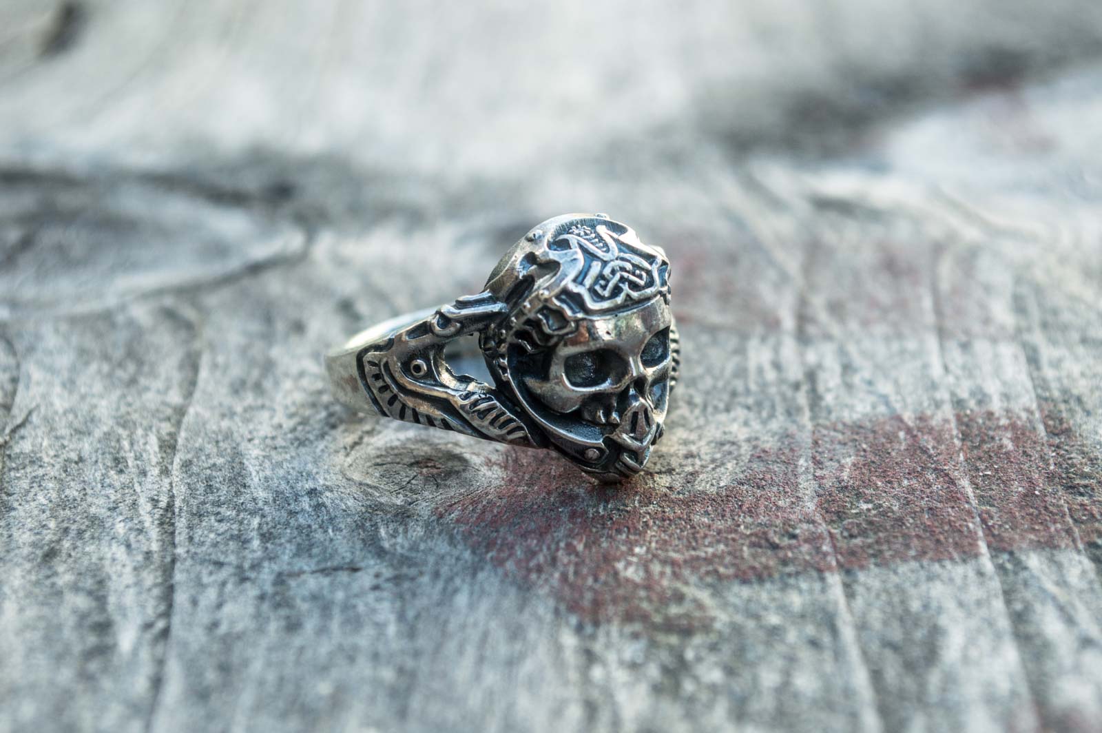 Skull with Ornament Ring Sterling Silver Handcrafted Jewelry - vikingworkshop