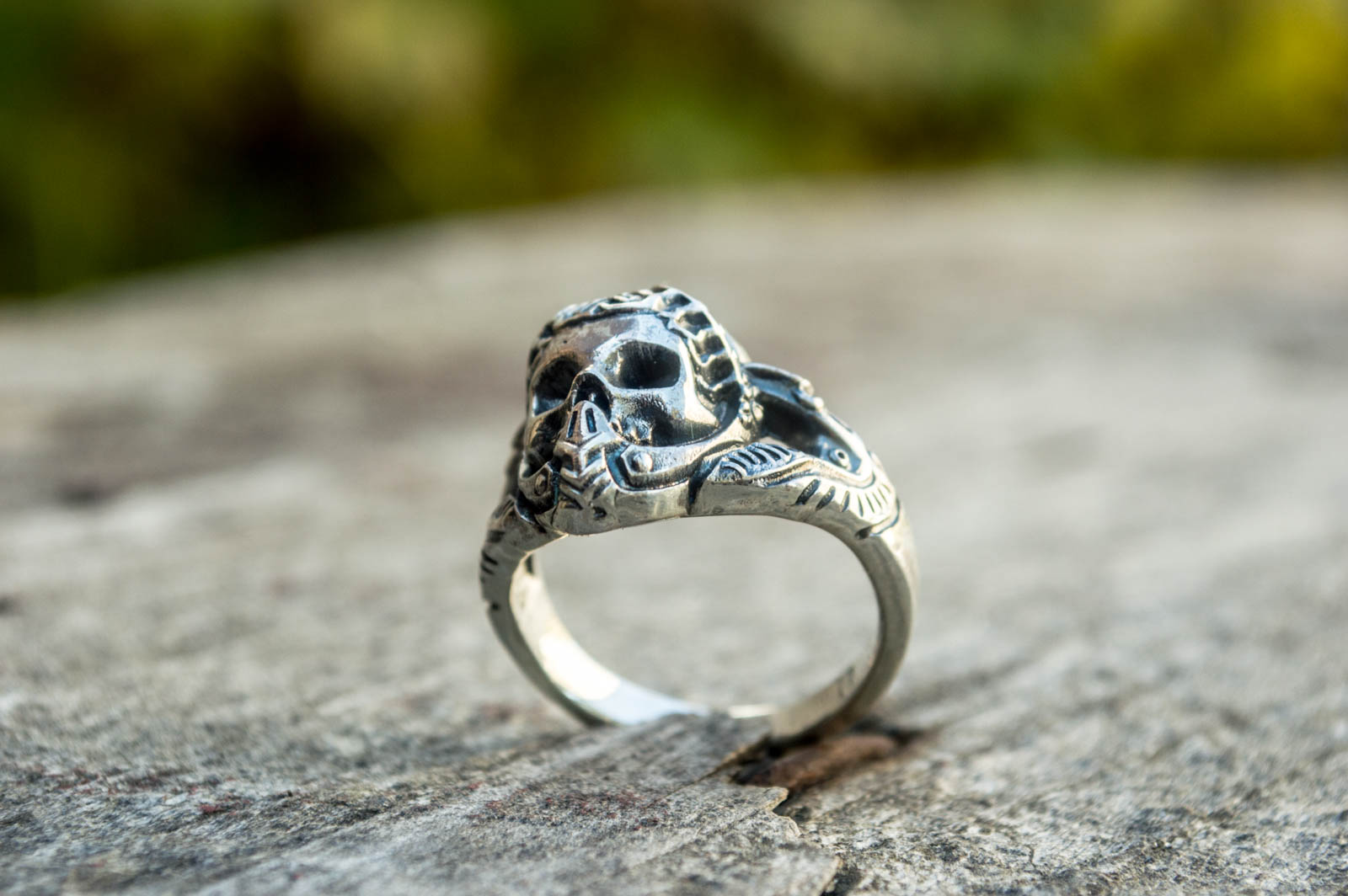 Skull with Ornament Ring Sterling Silver Handcrafted Jewelry - vikingworkshop