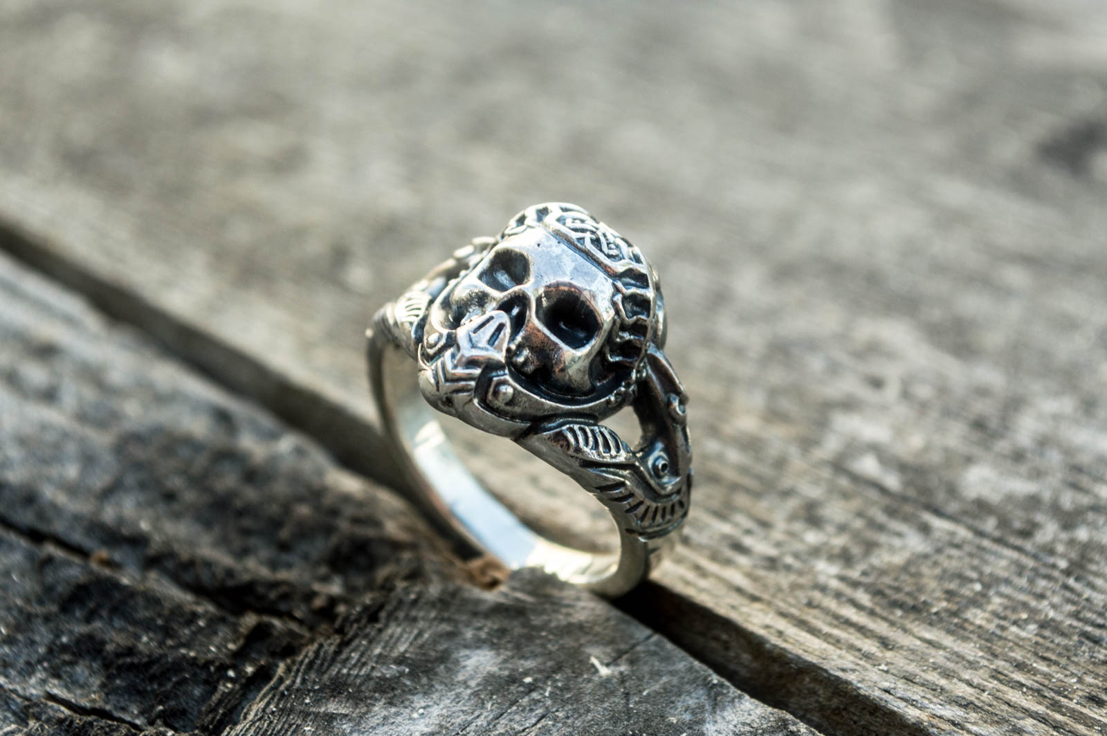 Skull with Ornament Ring Sterling Silver Handcrafted Jewelry - vikingworkshop