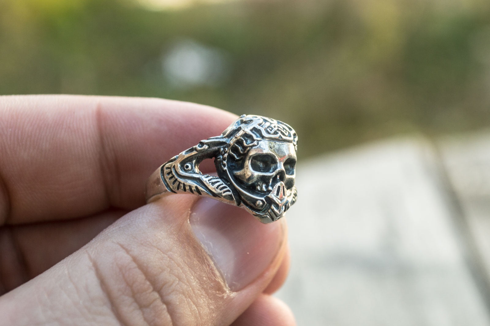 Skull with Ornament Ring Sterling Silver Handcrafted Jewelry - vikingworkshop