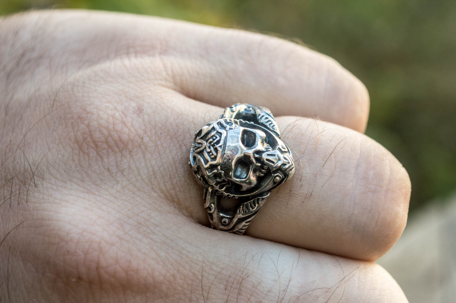 Skull with Ornament Ring Sterling Silver Handcrafted Jewelry - vikingworkshop