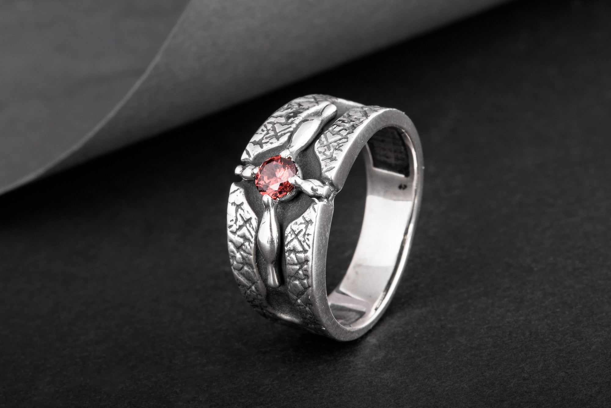 Ring with Red Cubic Zirconia Sterling Silver Handcrafted Jewelry - vikingworkshop