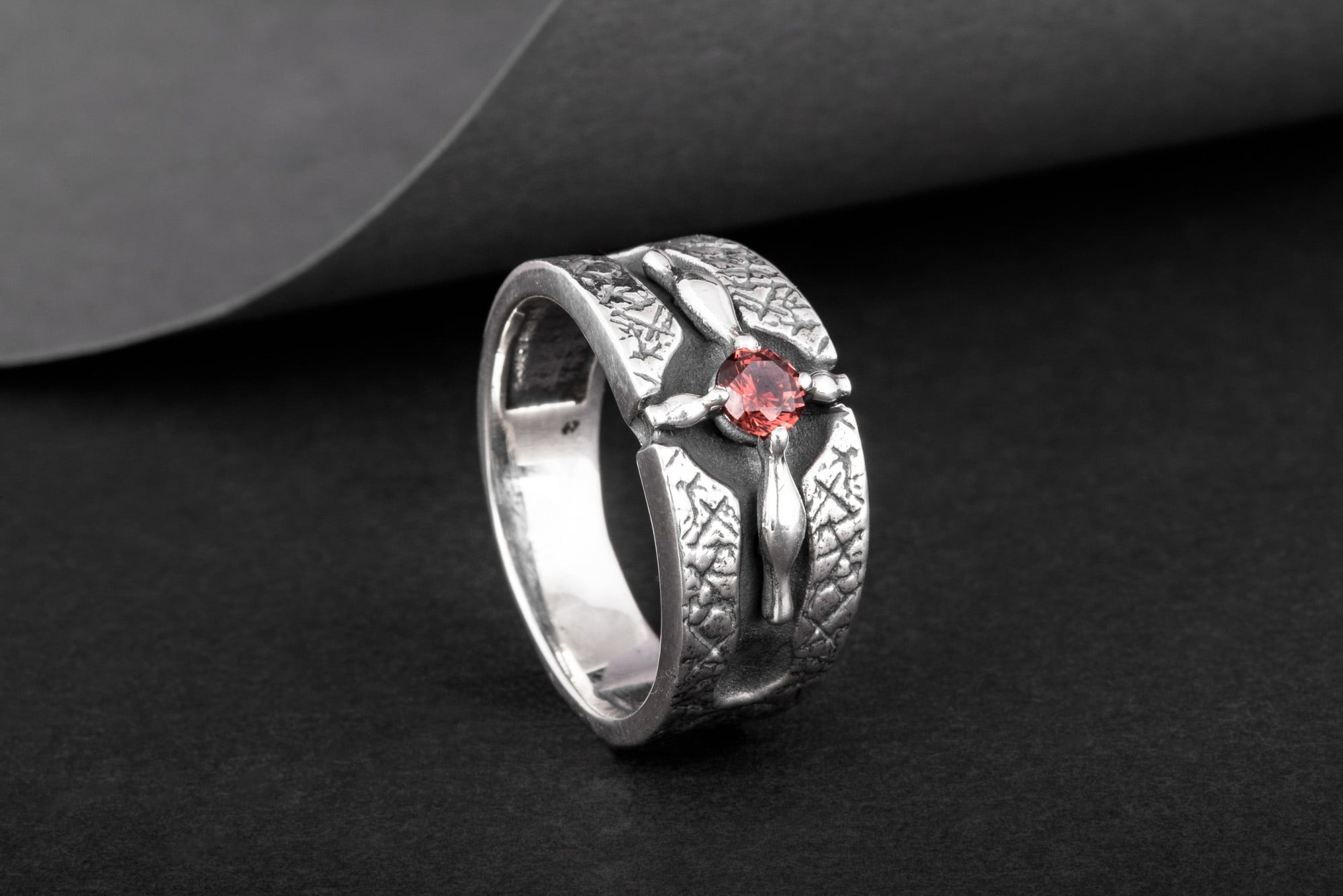 Ring with Red Cubic Zirconia Sterling Silver Handcrafted Jewelry - vikingworkshop