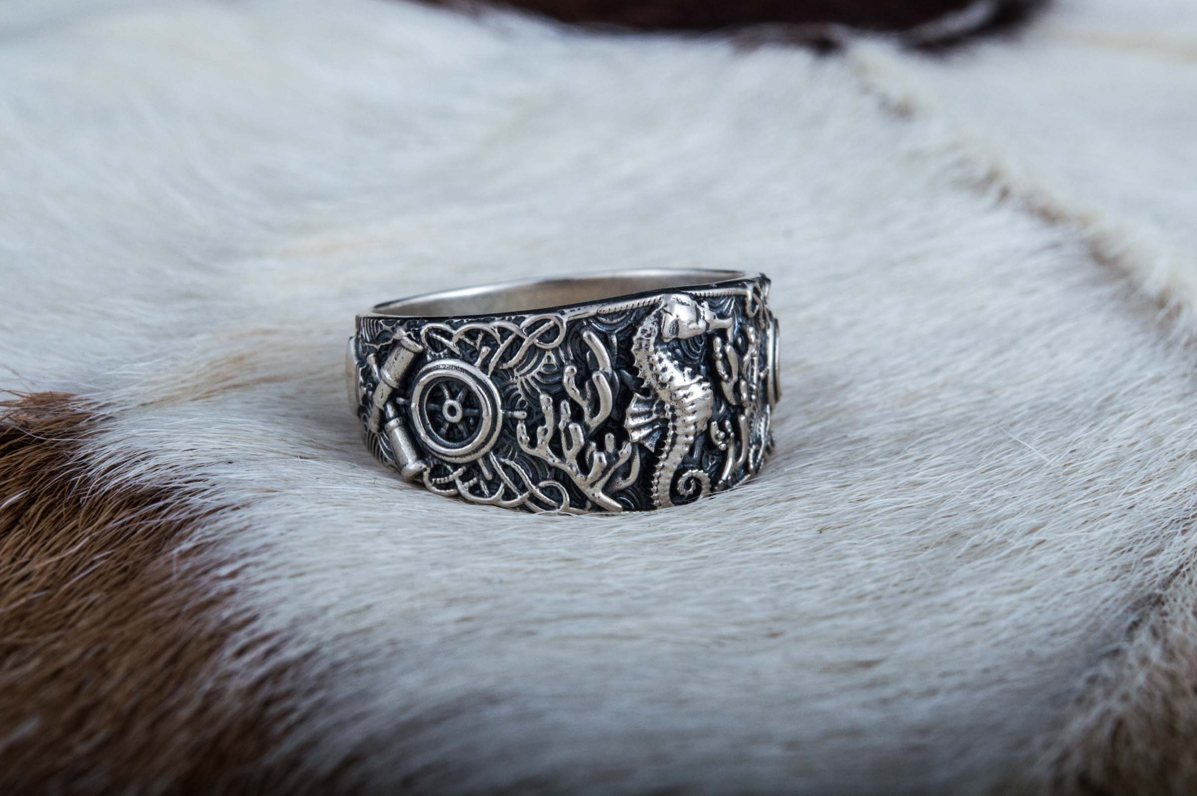 Seahorse Ring with Ship Steering Wheel Sterling Silver Jewelry