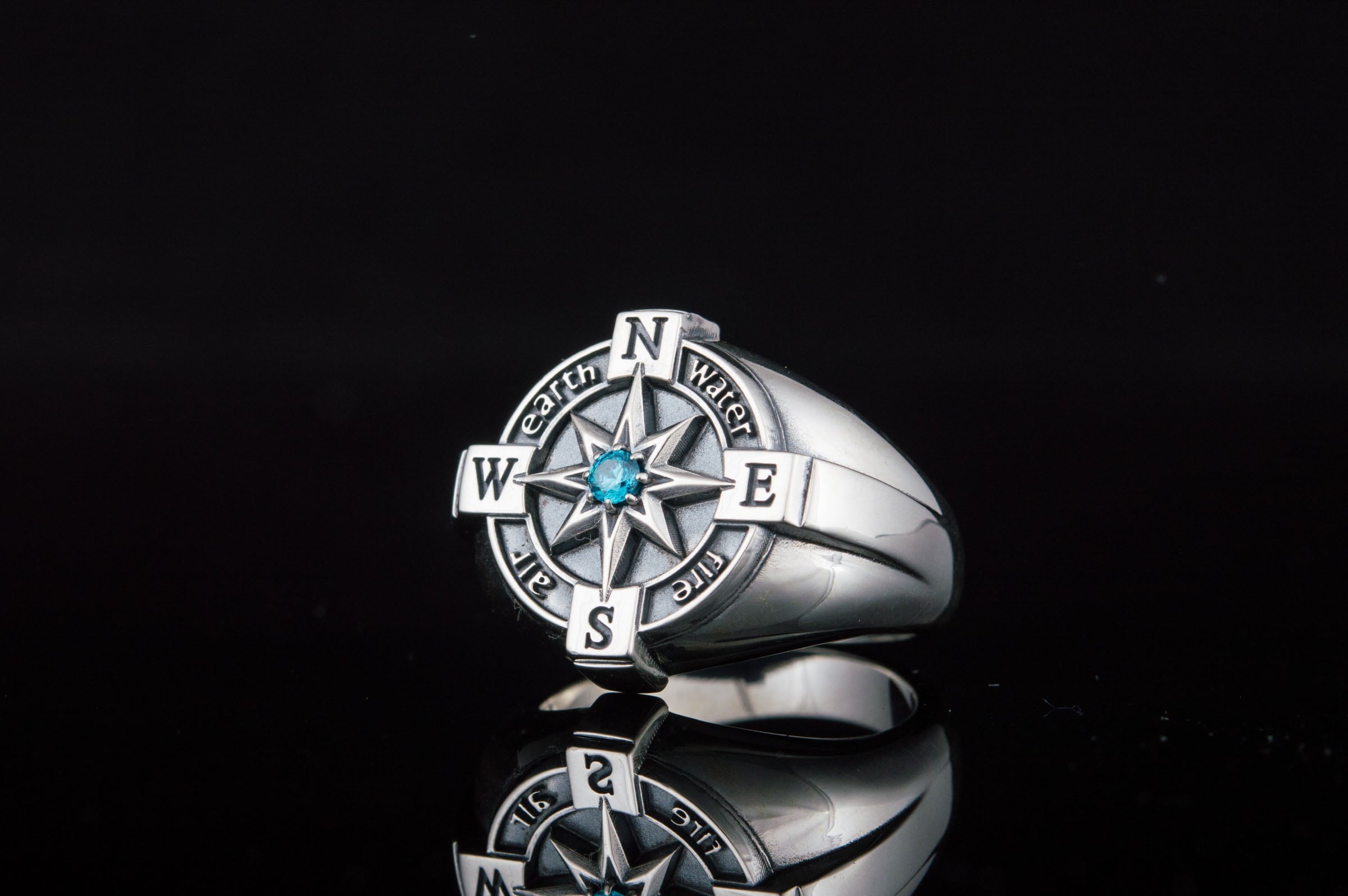 Compass Symbol Ring with Blue Cubic Zirconia Sterling Silver Unique Jewelry - vikingworkshop