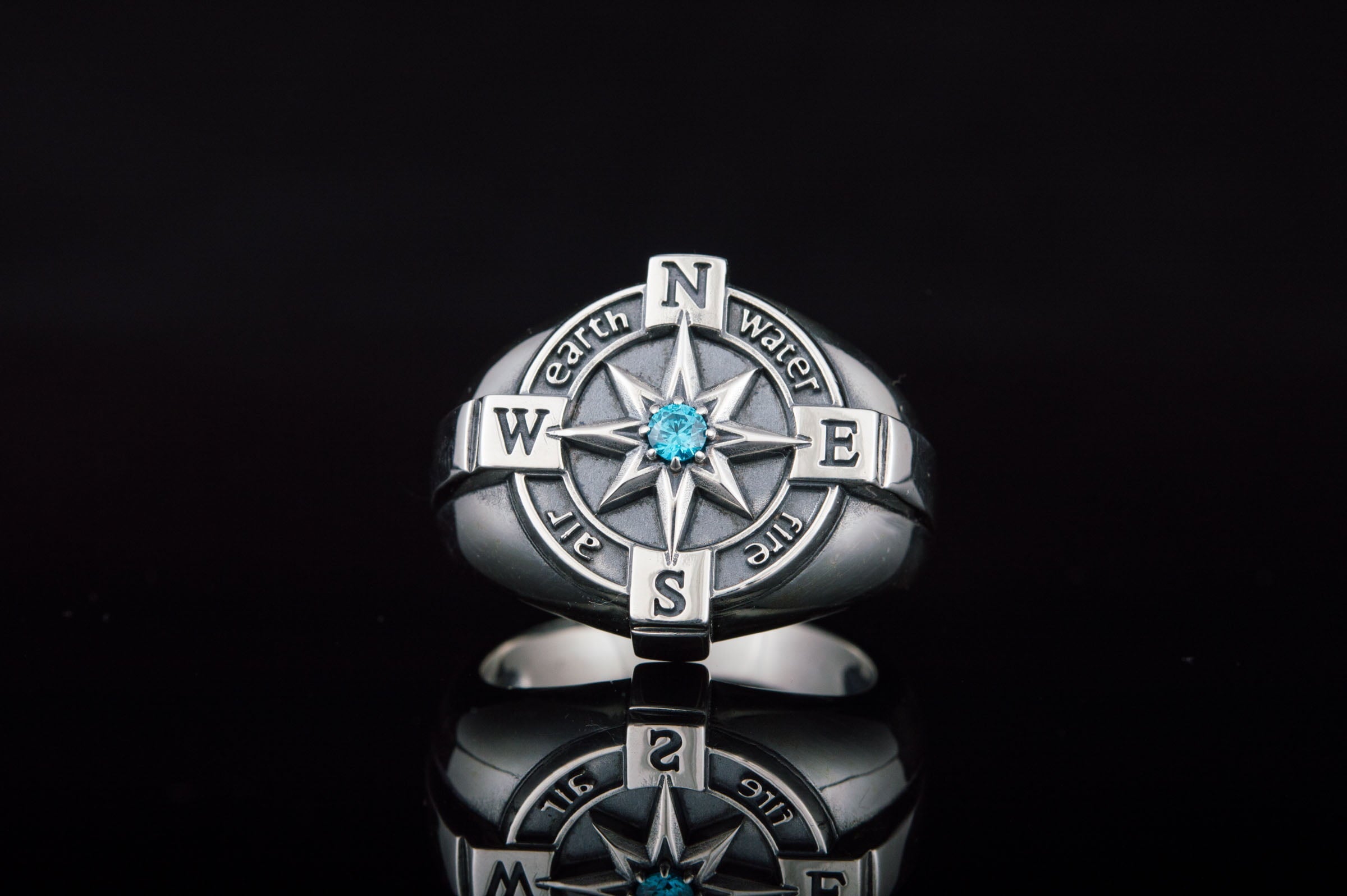 Compass Symbol Ring with Blue Cubic Zirconia Sterling Silver Unique Jewelry