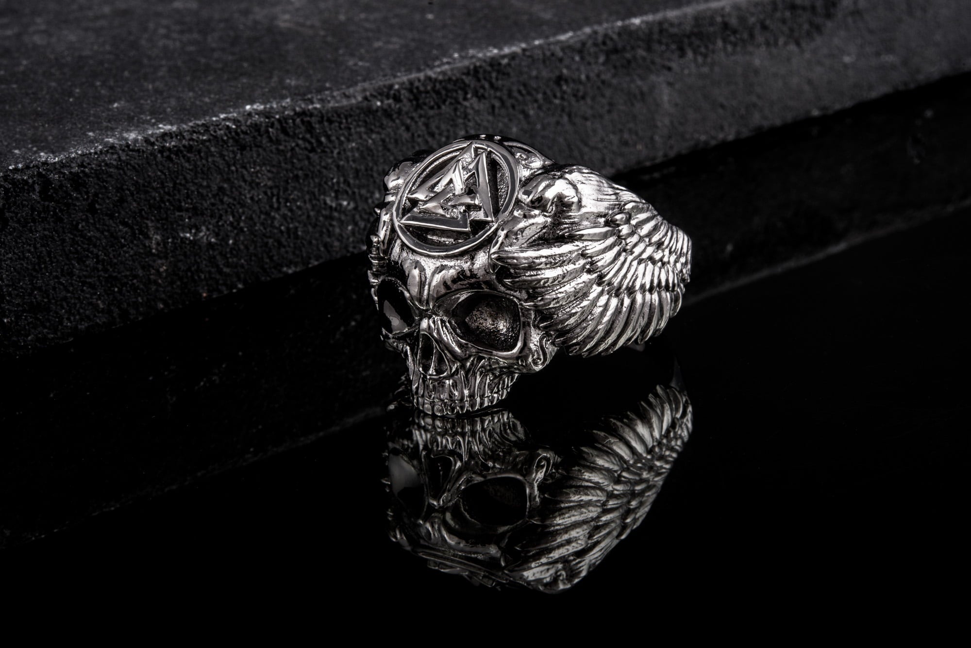 Odin Ring with Valknut Symbol Ring Ruthenium Plated Sterling Silver Unique Black Limited Edition Jewelry - vikingworkshop