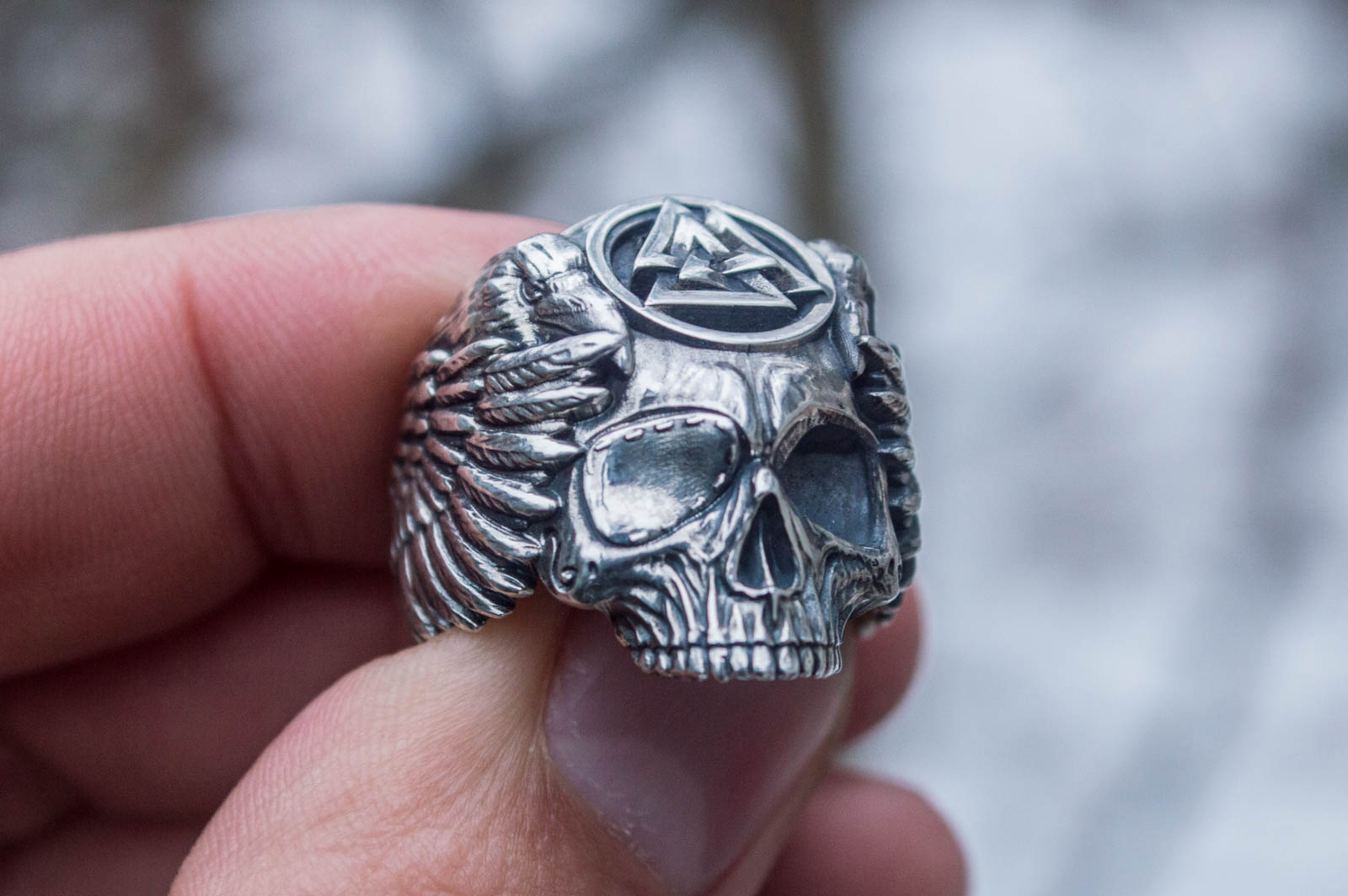 Odin Ring with Valknut Symbol Ring Sterling Silver Unique Handmade Jewelry - vikingworkshop