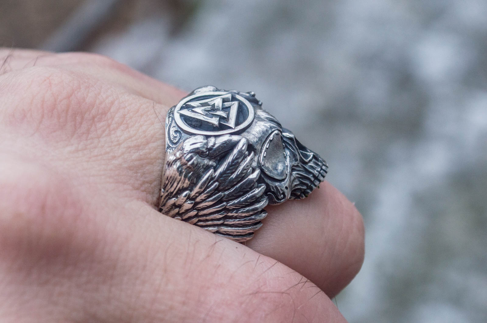 Odin Ring with Valknut Symbol Ring Sterling Silver Unique Handmade Jewelry - vikingworkshop