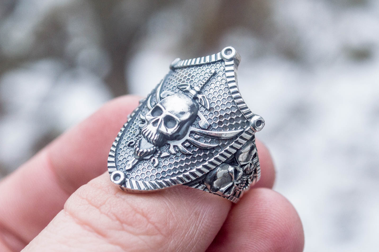 Skull with Shield Sterling Silver Unique Handmade Jewelry - vikingworkshop