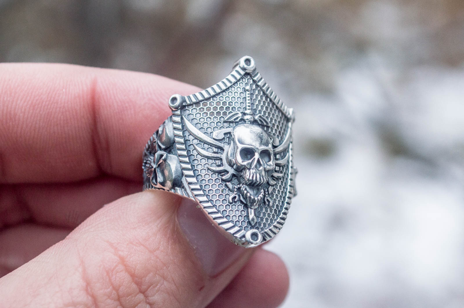 Skull with Shield Sterling Silver Unique Handmade Jewelry - vikingworkshop