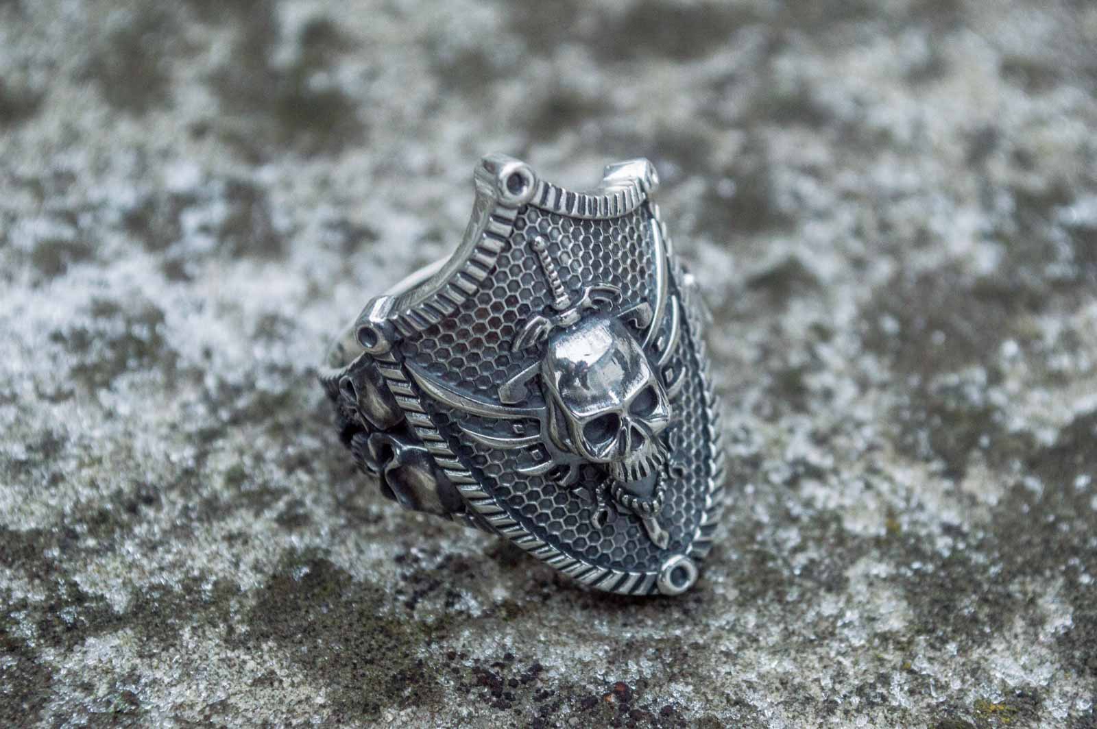 Skull with Shield Sterling Silver Unique Handmade Jewelry - vikingworkshop