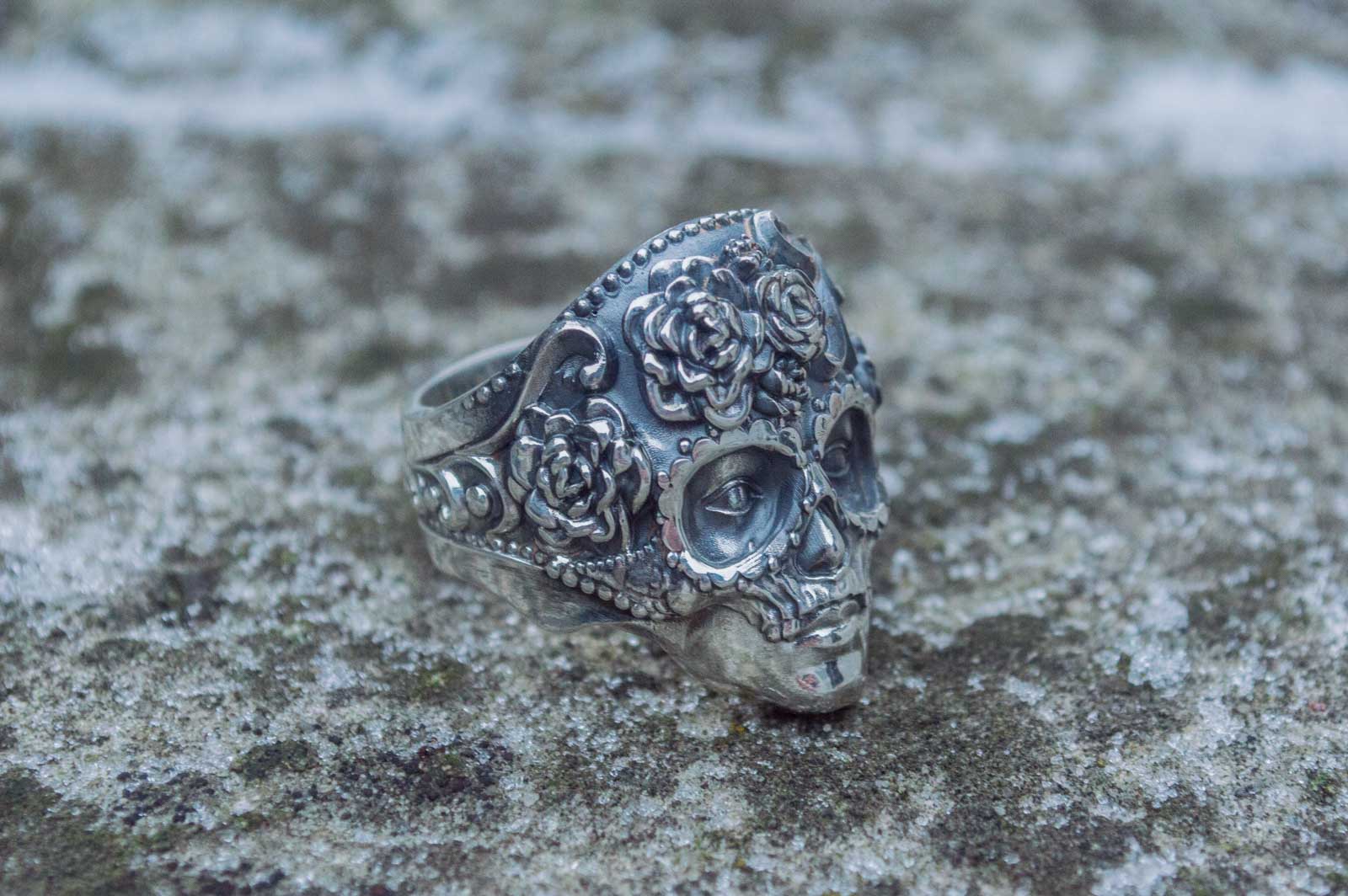 Mask Ring with Flower Ornament Sterling Silver Unique Handmade Jewelry - vikingworkshop