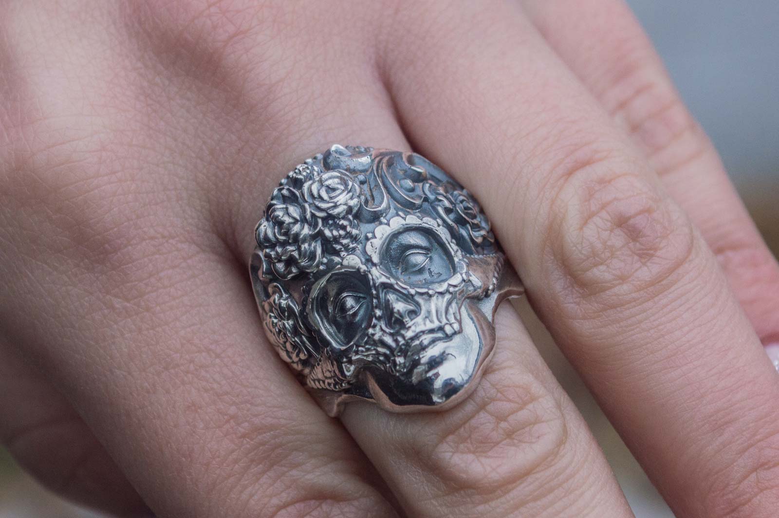 Mask Ring with Flower Ornament Sterling Silver Unique Handmade Jewelry - vikingworkshop