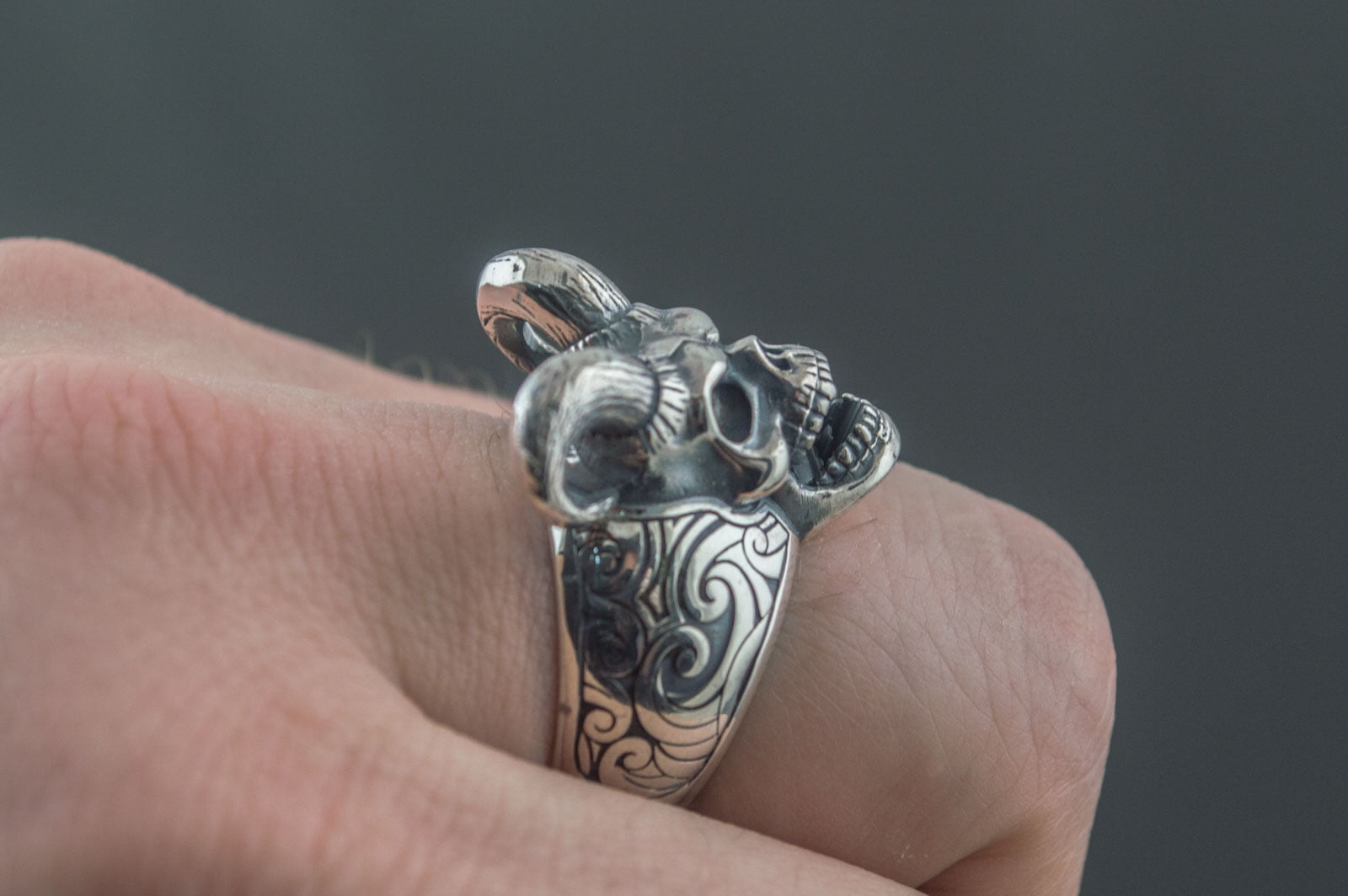 Skull with Horns Ring Sterling Silver Handmade Jewelry - vikingworkshop