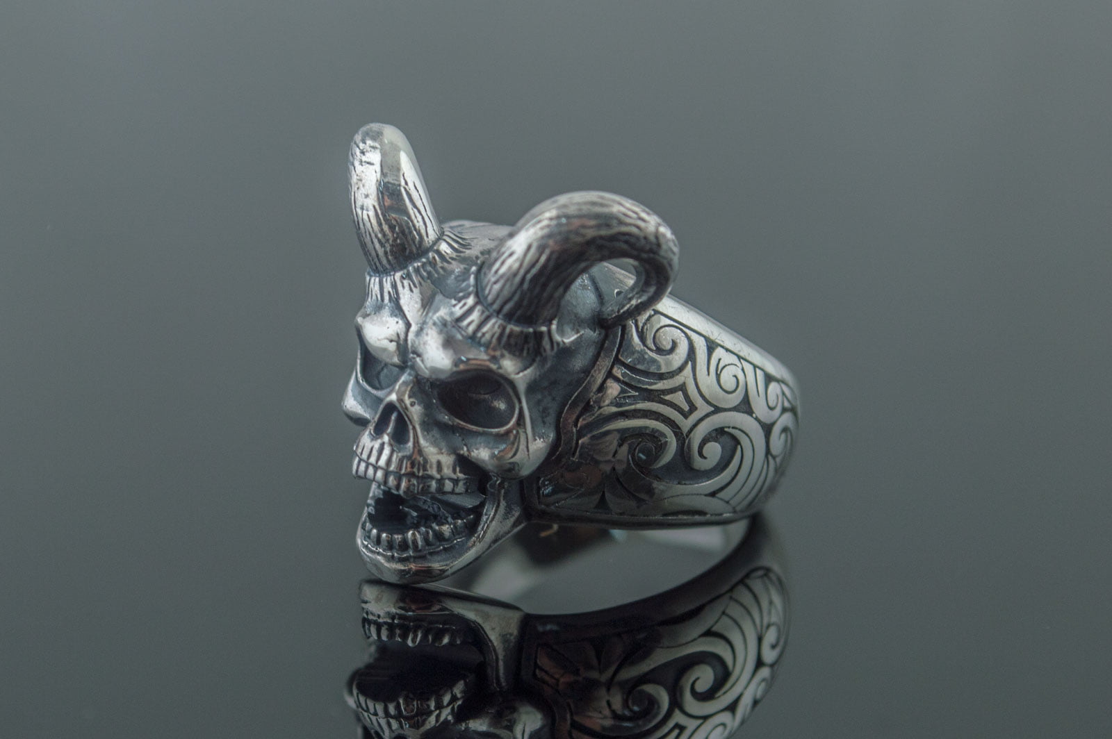 Skull with Horns Ring Sterling Silver Handmade Jewelry