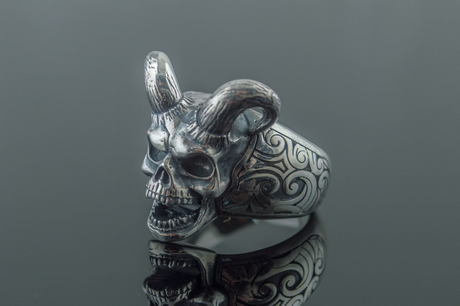 Skull with Horns Ring Sterling Silver Handmade Jewelry - vikingworkshop