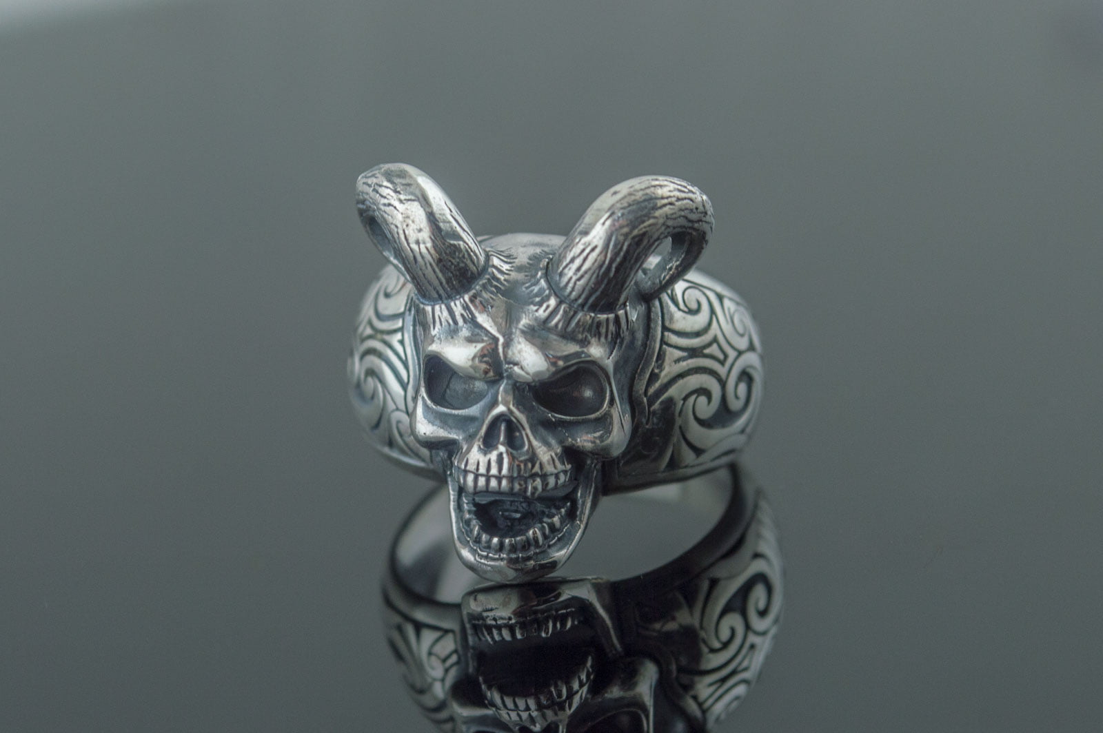 Skull with Horns Ring Sterling Silver Handmade Jewelry